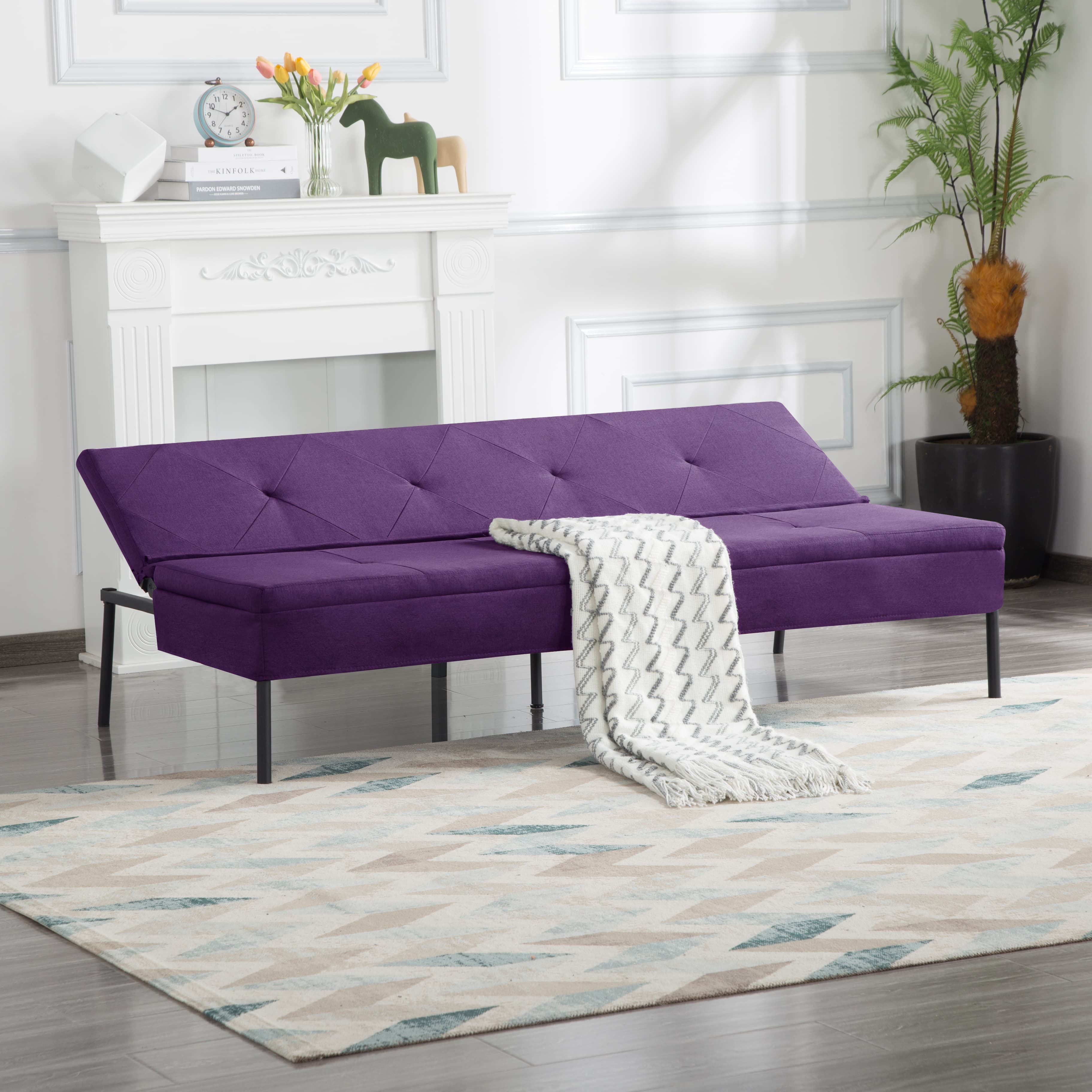 BSHTI 63 inch Convertible Sleeper Futon Sofa Bed,Polyester Fabric,All Iron Frame Convertible Futon Sofa Bed,for Living Room,Office,Small Apartment(Purple)