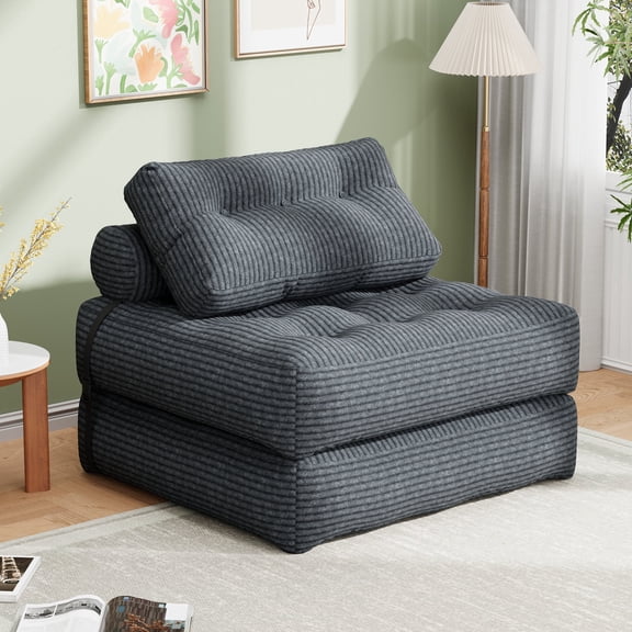 Mr IRONSTONE 3 in 1 Folding Sofa Bed, Convertible Sleeper Chair with Pillow, Corduroy Memory Foam Floor Sofa Lounge Chair for Living Room Dorm, Grey