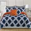 King Comforter 7 Piece Bedding Set, Navy Blue and Gray Quatrefoil with Orange