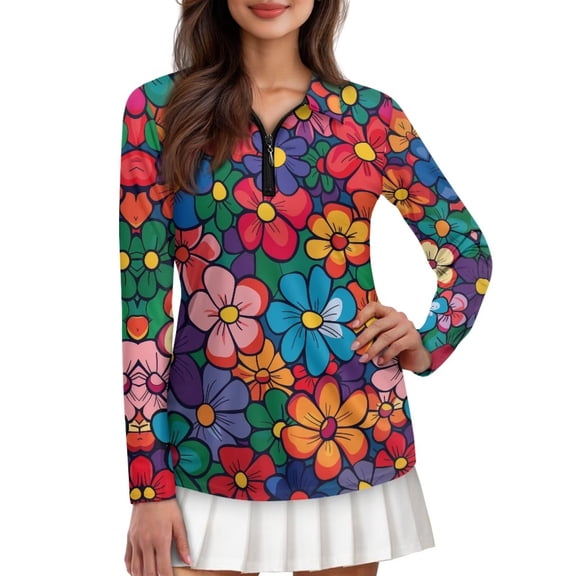 Uorisanigo Colorful Flowers Women's Golf Top Fashionable Relaxed Long Sleeve Golf Polo Shirts for Women Soft Comfortable Quick Dry Workout Tops with Zipper