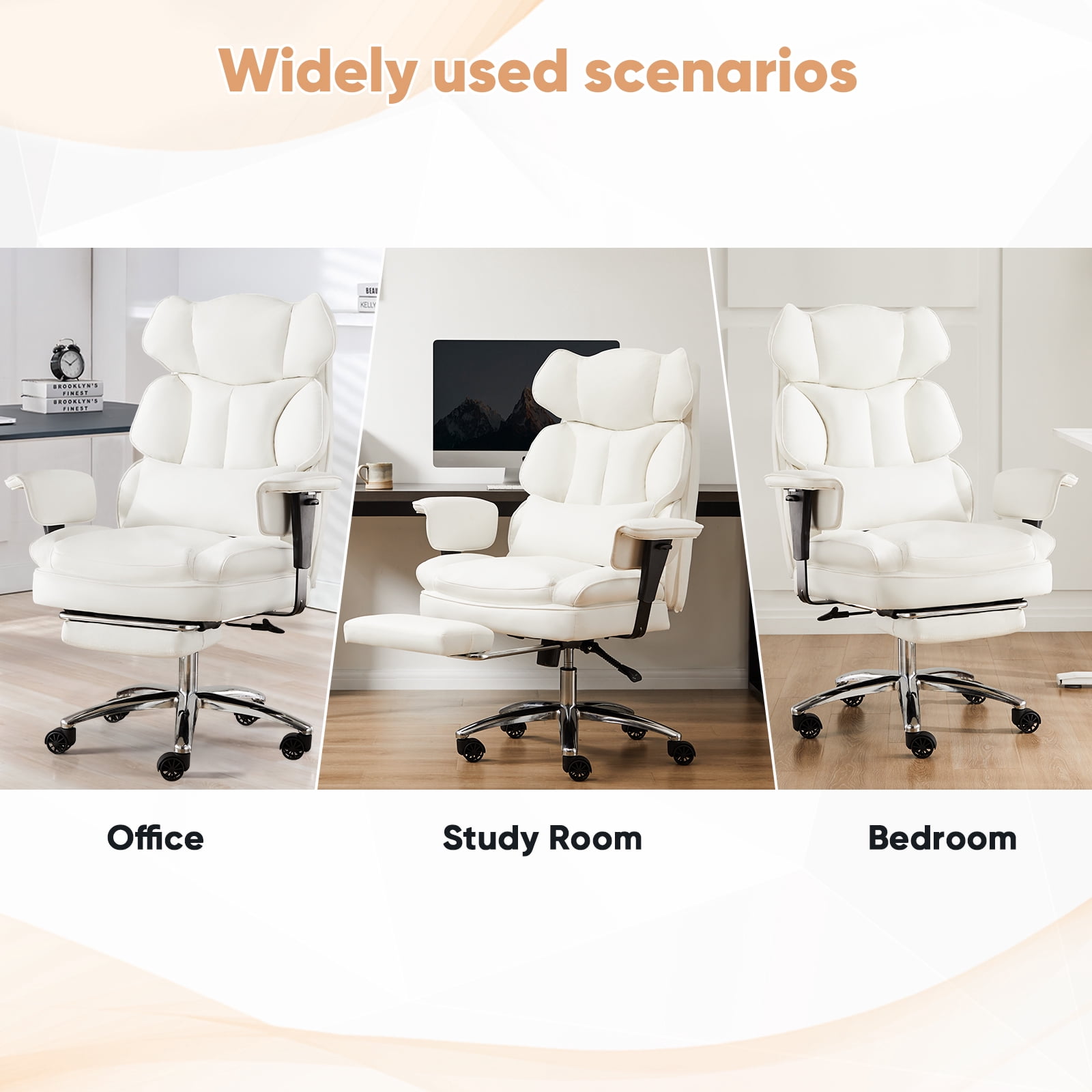 ZUNMOS Home Office High Back Reclining Desk Chair with Footrest, Big and Tall Adjustable Height PU Leather Executive Computer Task Chair with Leg Rest and Lumbar Support, Armrest, White