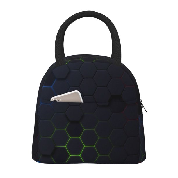 Balery Modern Hexagonal Neon Grid Bolsa de Almuerzo para Mujeres, Caja de Almuerzo, Bolsa de Almuerzo Pequeña Impermeable, Tote de Almuerzo Reutilizable con Gran Capacidad