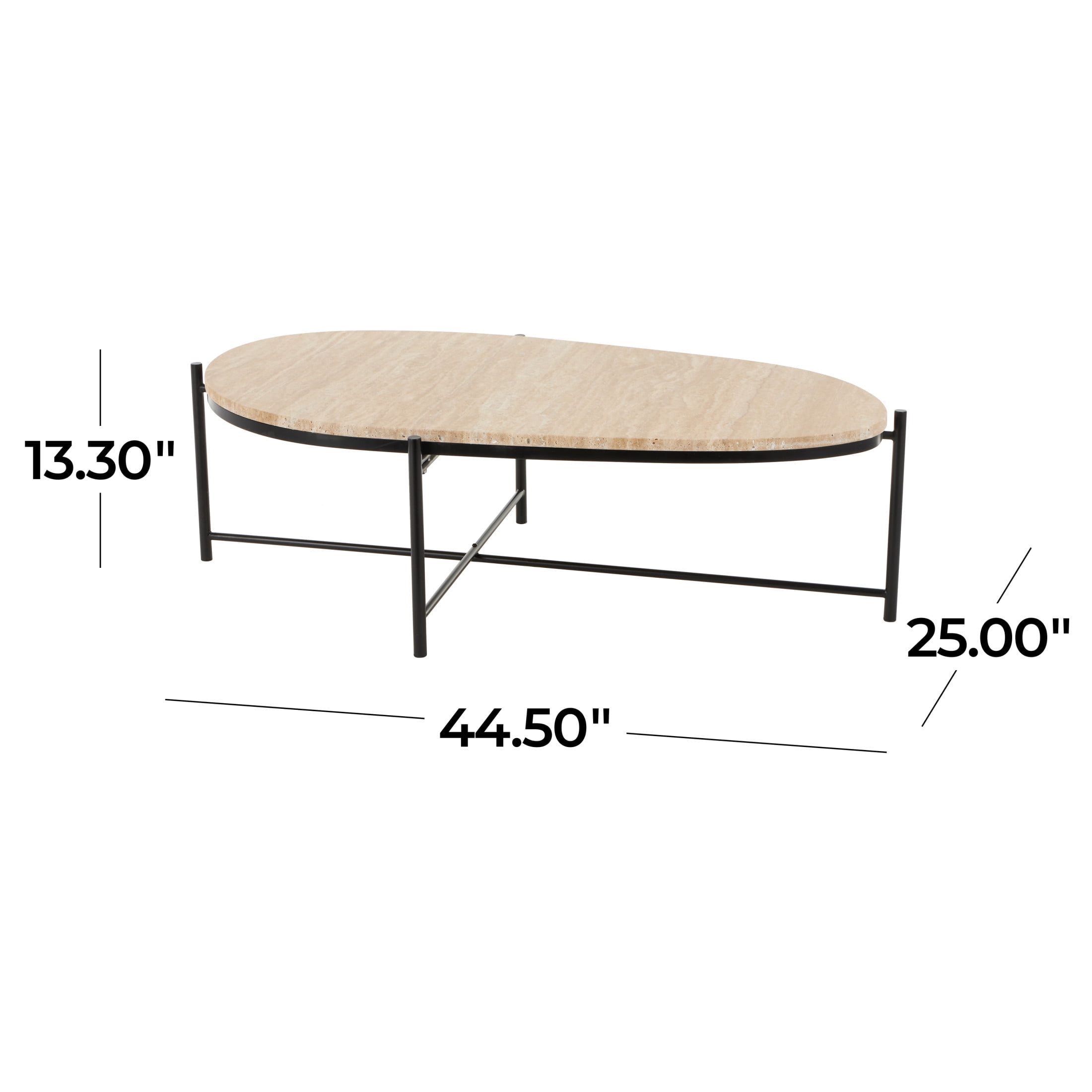 DecMode 45" x 13" Beige Marble Oval Coffee Table with Black Metal Support, 1-Piece