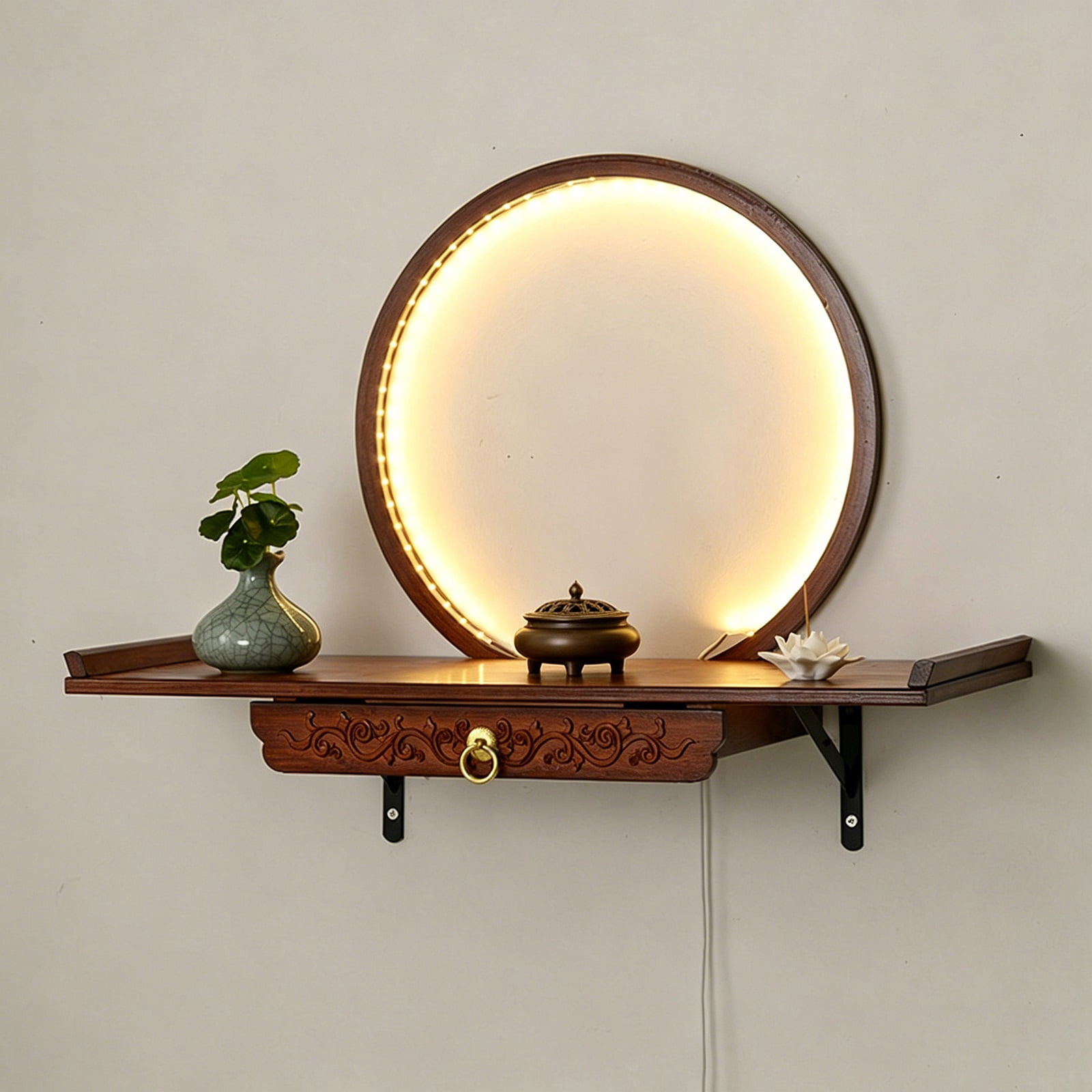 Wall-Mounted Buddha Statue Stand with LED Light Household Small Buddhist Shrine Altar Table with Retractable Pull Plate Bamboo Prayer Offering Table