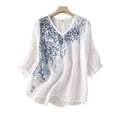 thumbnail image 2 of ClodeEU Women's Vintage Embroidered Lace Trim Elbow Sleeve Crop Top,Loose Fit Casual Blouse White,Womens Plus XL, 2 of 7