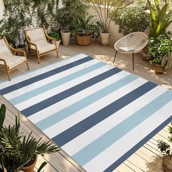 Fsddascl Blue Aqua Striped Outdoor Rug for Patio/Deck/Porch, Non-Slip Large Area Rug 4 x 6 Ft, Farmhouse Stripe Art Indoor Outdoor Rugs Washable Area Rugs, Reversible Camping Rug Carpet Runner
