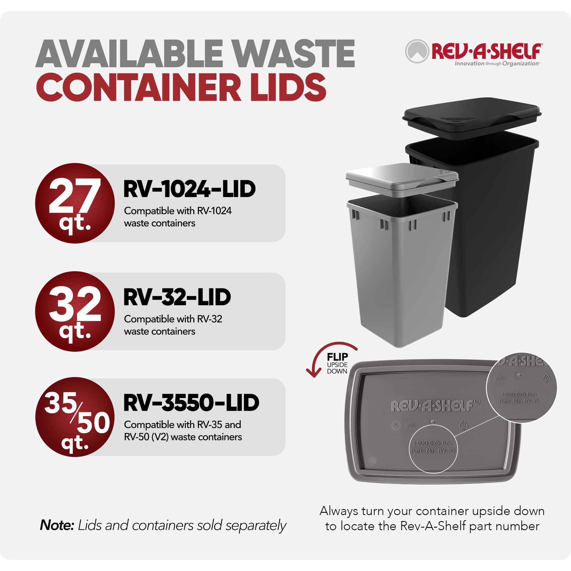 Rev-A-Shelf Polymer Replacement 35 Qt Gray Trash Bin, 2 Pack, RV-35-13-2