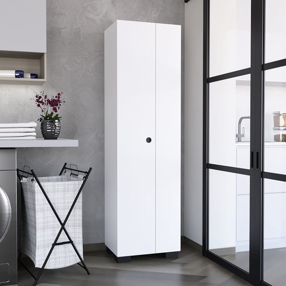 White Lake Broom Cabinet With Versatile Inner Shelves And Side Clips Spacious Storage