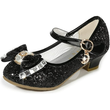 

QWZNDZGR Girl Dress Shoes Wedding Party High Heel Glitter Princess Bownot Shoes