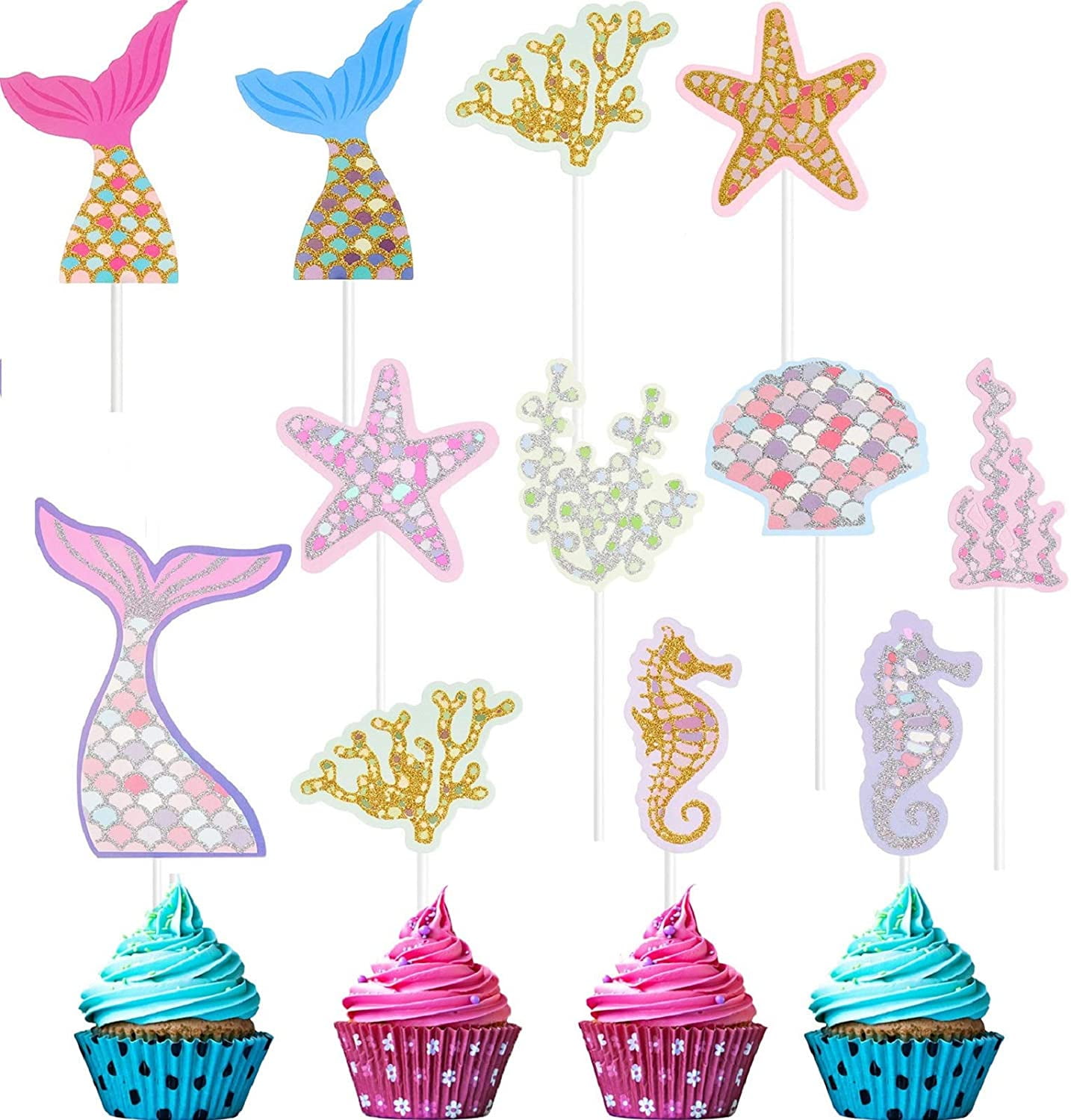 Include Mermaid Tail Glitter Cake Topper and 44 Pieces Ocean Glitter Cake Toppers for Baby Shower Party Mermaid Theme Cake Toppers Set 