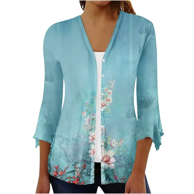 Wolfast Cardigans pour Femmes Manches 3/4 Imprimé Floral T-shirts Ouverts Blouses Décontractées Amples, Bleu, P