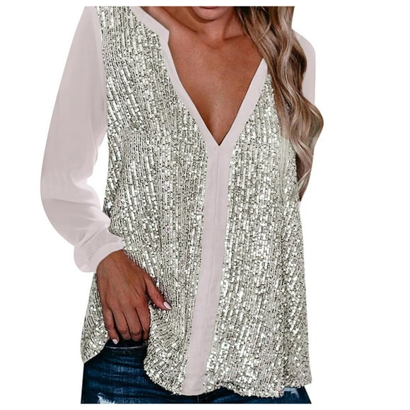 Womens Tops Tshirts Navel Sexy Fold Casual Color V-Neck Long Sleeve Sequin Blouse Womens Summer Tops Pink S