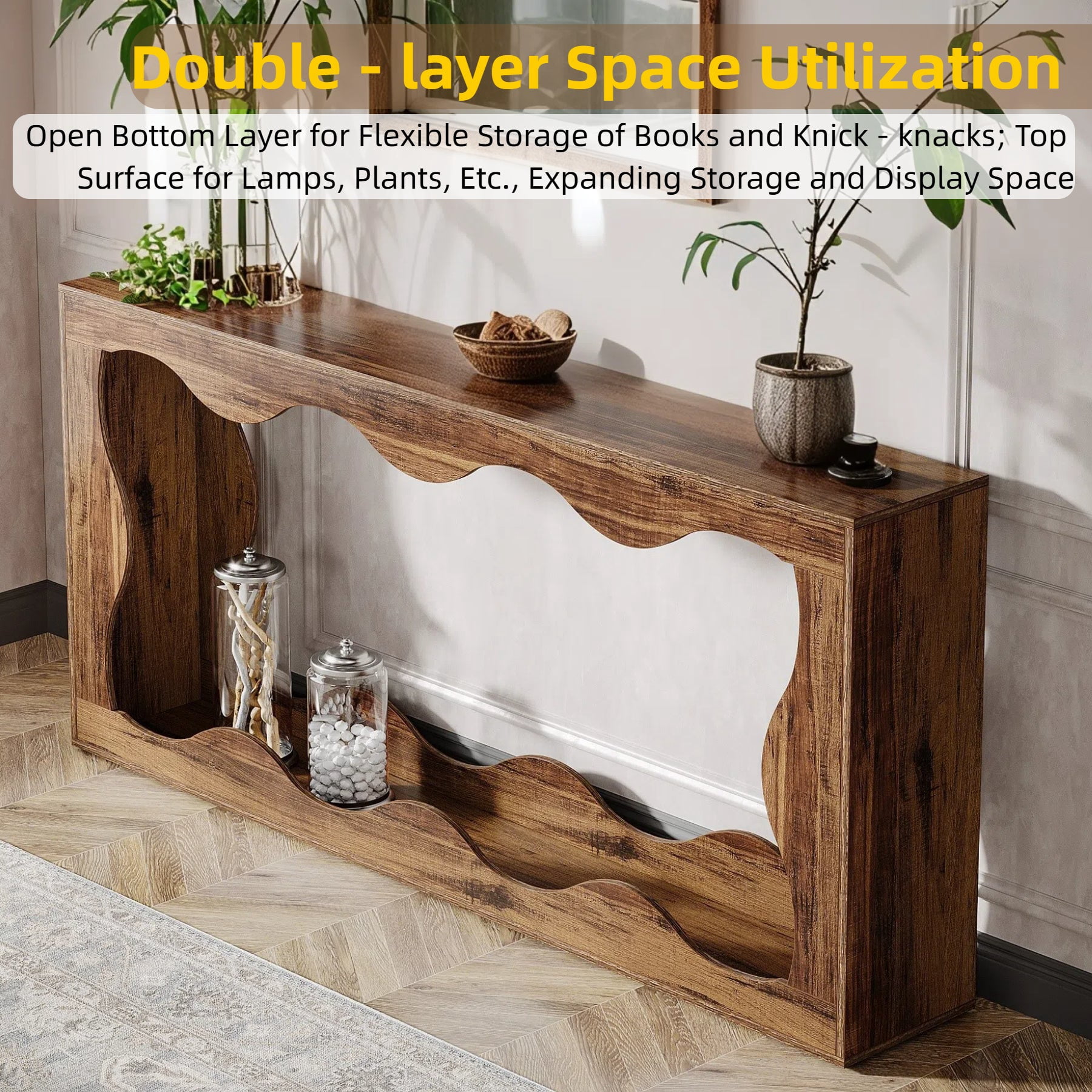 Fnova 63" Long Farmhouse Console Table for Entryway, Wave-Shaped Wood Entryway Table, Sofa Table for Living Room, Dark Brown