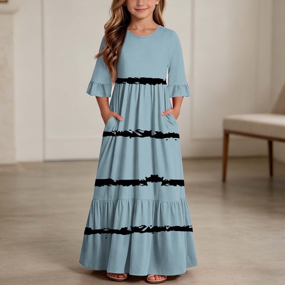 ersvoioy Dresses for Girls Summer Casual Floral Print Ruffled Sleeve Round Neck Flowy Swing Tiered Sundress 4-14 Years