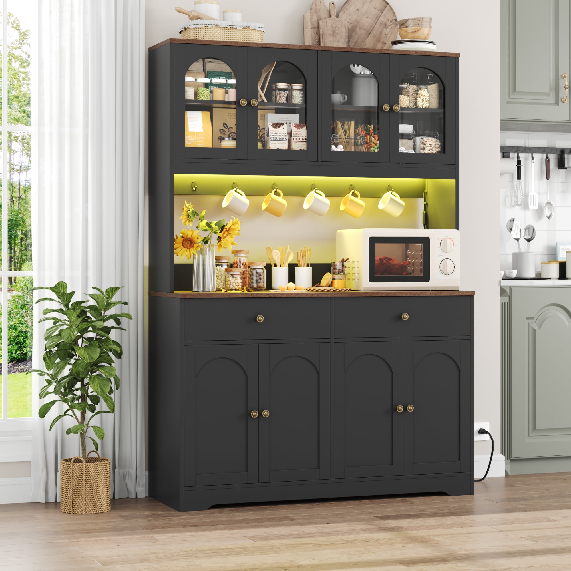 Homfa 71" Kitchen Pantry with LED Lights and Charging Station, Freestanding Kitchen Cupboard with Storage and Microwave Stand, Floor Cabinet for Dining Living Room, Black