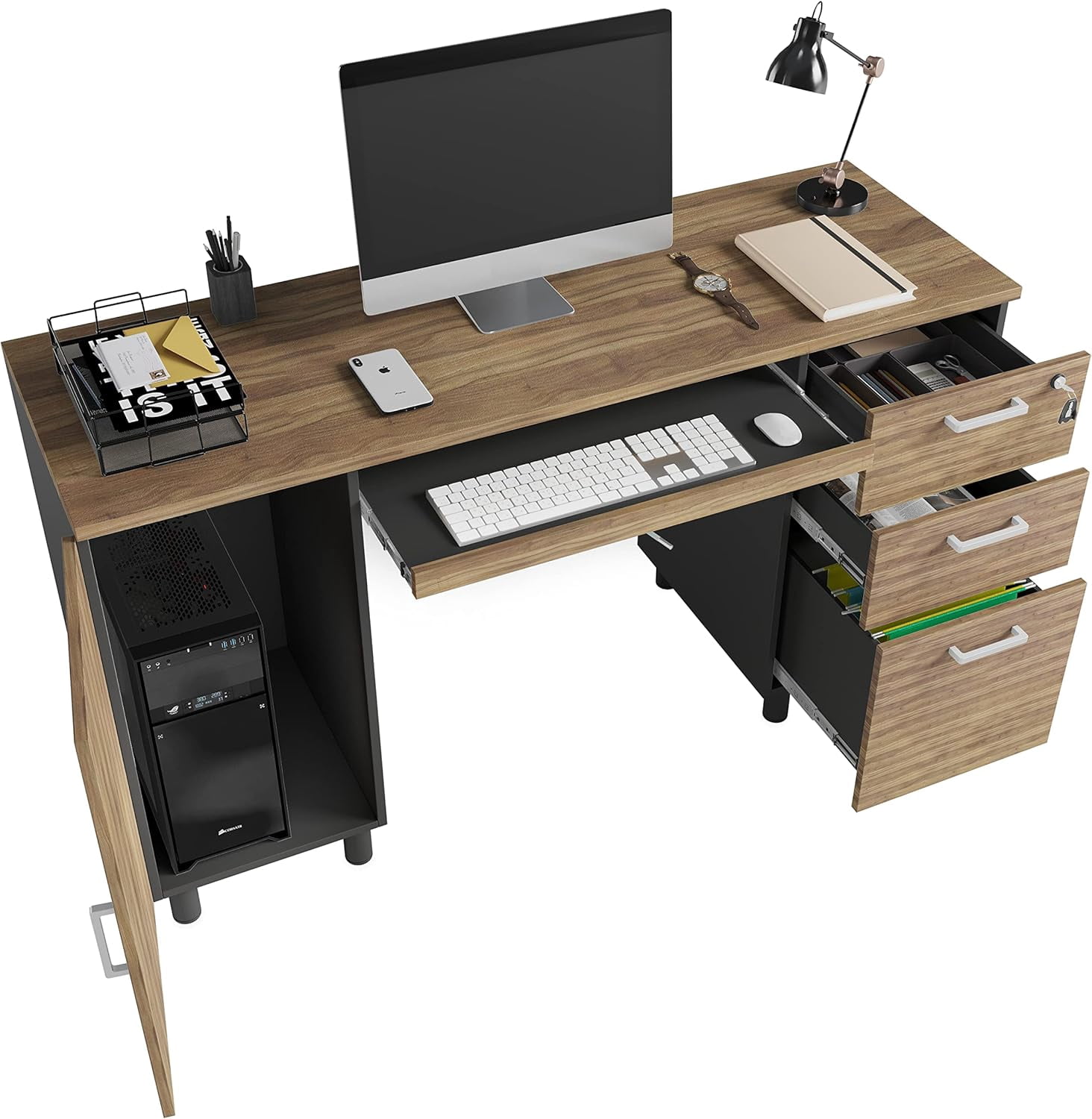 Modern Design Venice Computer Desk Great for Home Office Desk by Crafts and Comfort - 3 Drawers and CPU Storage Cabinet - Laptop Workstation with Keyboard Tray and Cable Hole - Walnut / Black