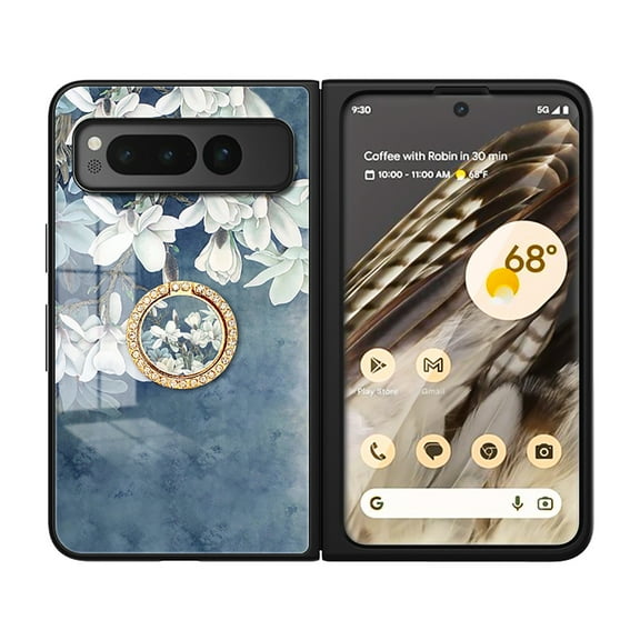 Feishell Compatible with Google Pixel Fold 7.6 inch Flower Pattern Case with Diamond Ring Holder,Shockproof Light Luxury Glossy Glass Folding Slim Phone Case for Women Girls,E