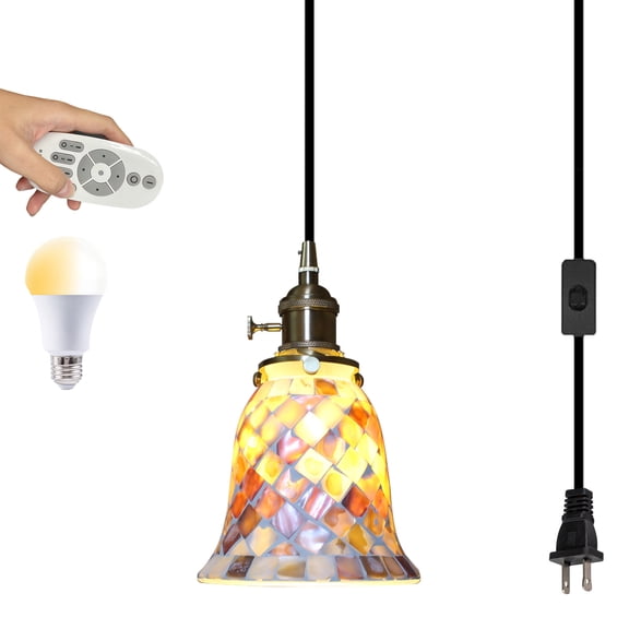 Kiven Plug in Pendant Light, Modern Hanging Light with Remote Control and Glass Lampshade, Dimmable Ceiling Pendant Light, E26 Base