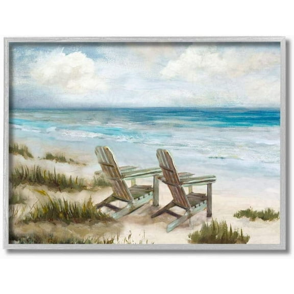 Stupell Industries Chairs at Shore Line Nautical Landscape Painting Gray Framed Art Print Wall Art, 11x14, by Carson Lyons