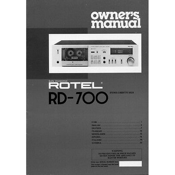 Instruction Manual ONLY for Rotel RD-700 Cassette Deck Owners Manual REPRINT