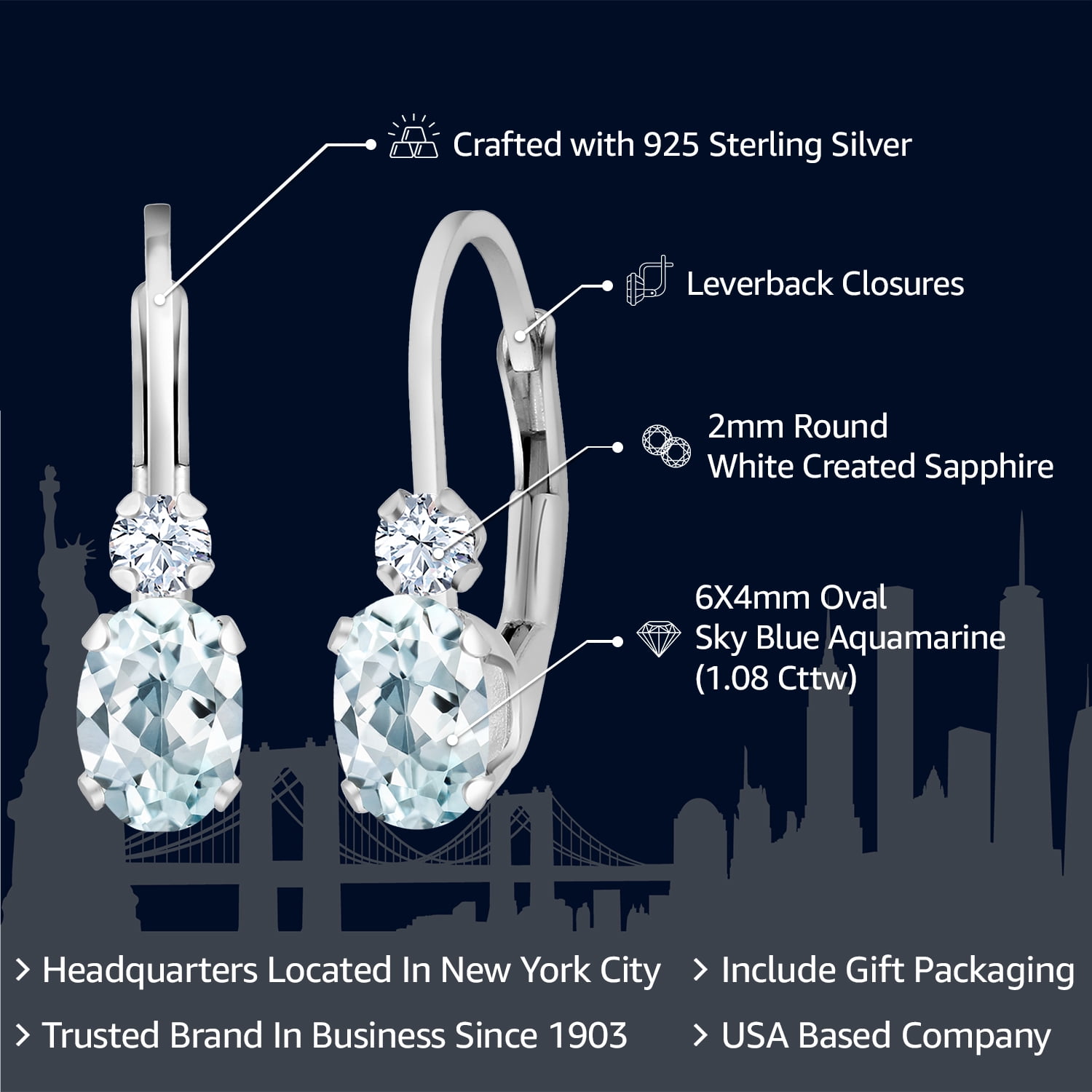 Gem Stone King 925 Sterling Silver Sky Blue Aquamarine & White Created Sapphire Leverback Earrings for Women (1.08 Cttw, Gemstone Birthstone, Oval 6X4MM, Round 2MM, 3/4 inch)