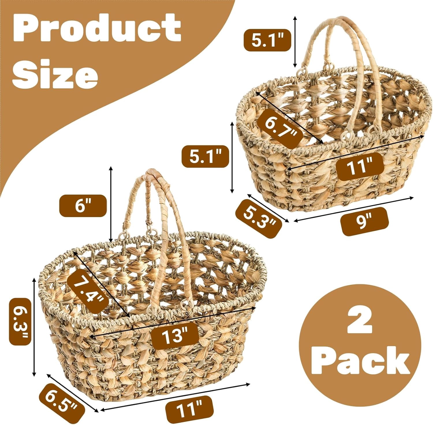 2 Pack Wicker Picnic Basket with Handle, Natural Hand Woven Rattan Easter Baskets, 13" and 11" Nesting Gift Baskets for Outdoor, Camping, Garden, Wedding, Home Organization