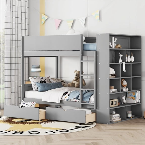 Twin over Twin Bunk Bed - 2 Drawers & Multi-layer Cabinet, Gray