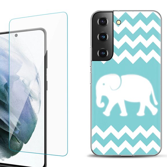 Slim-Fit Fashion Gel Phone Case for Samsung Galaxy S22  5G / S22 Plus 5G, with Tempered Glass Screen Protector, by OneToughShield ® - Chevron/Elephant