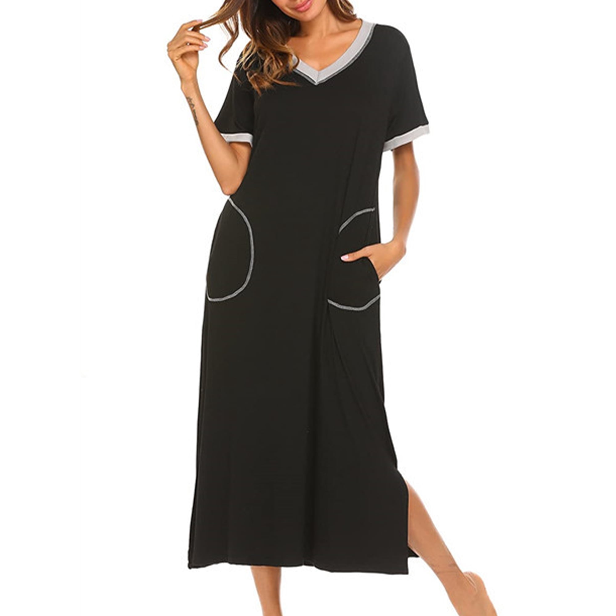 Mawclos Women Nightgown V Neck Sleep Dress Short Sleeve Pajama Soft Nightshirt Solid Color Sleepwear Black L Black