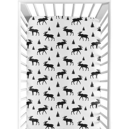 UPC: 0846480060833 | Black and White Woodland Moose Baby or Toddler Fitted Crib Sheet for Rustic Patch Collection by Sweet Jojo Designs