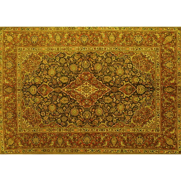 Ahgly Company Machine Washable Indoor Rectangle Medallion Yellow Traditional Area Rugs, 5' x 7'
