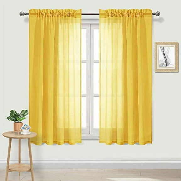 DWCN Yellow Sheer Curtains Semi Transparent Voile Rod Pocket Curtains for Bedroom and Living Room, 42 x 63 inches Long, Set of 2 Panels