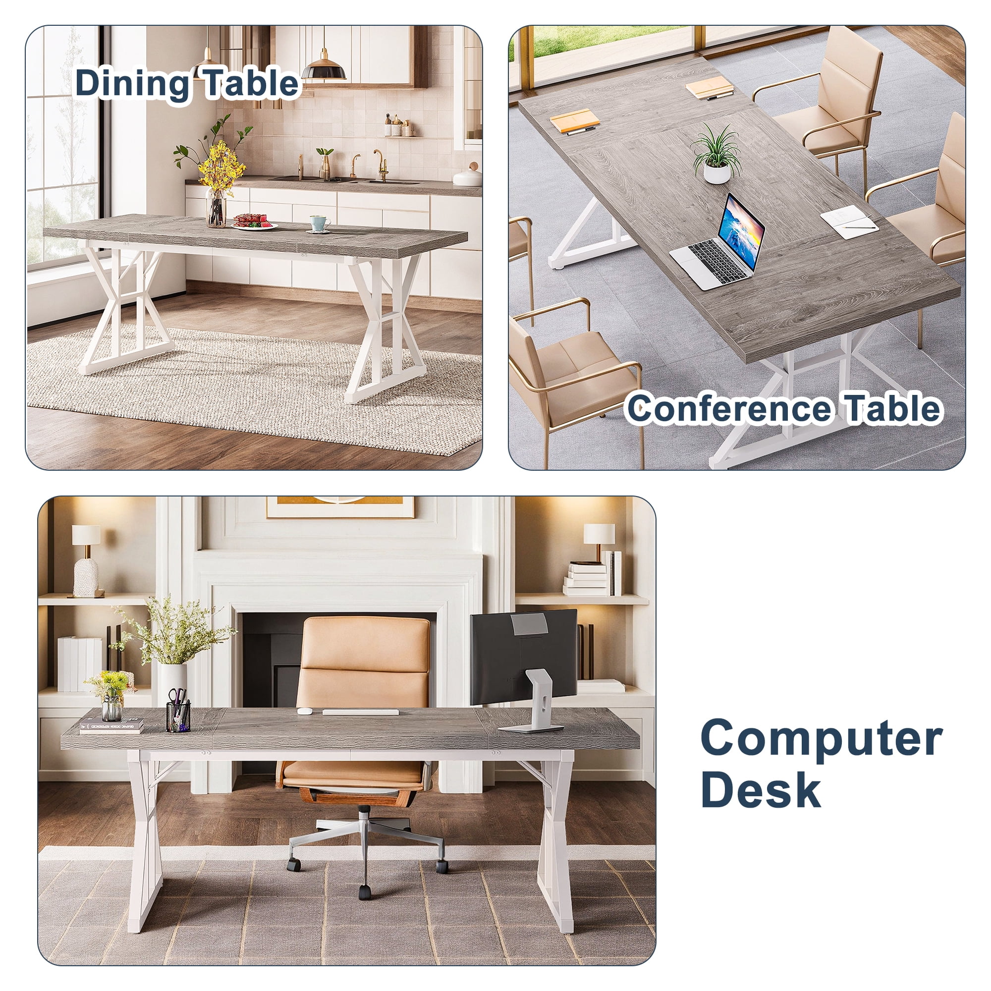 Demi Bonn 71" Farmhouse Dining Table, Wood Rustic Kitchen Table for 6 People, Large Rectangular Dinner Table for Dining Room, Home Office, Living Room Furniture, Gray & White