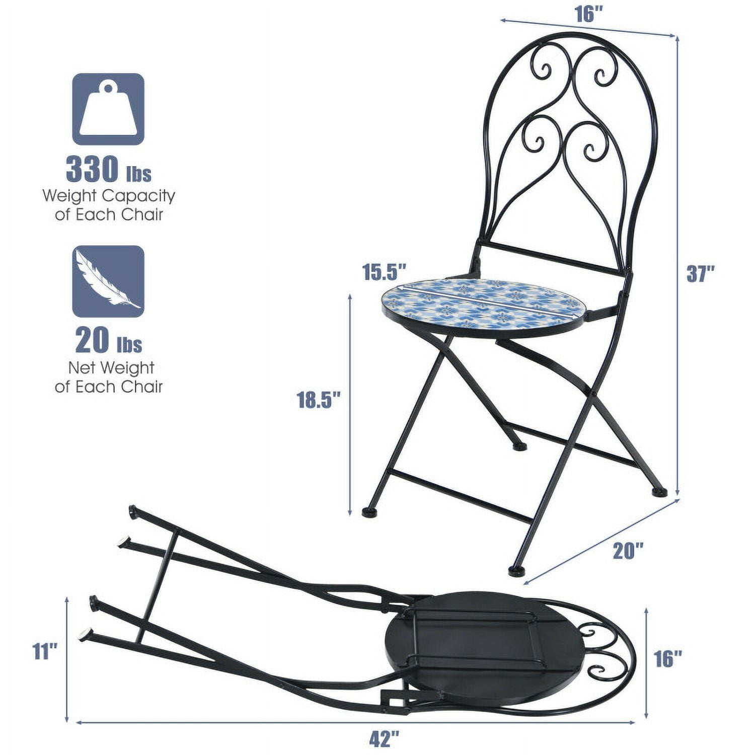 Aimee Lii 2 Pieces Patio Folding Mosaic Bistro Chairs with Blue Floral Pattern, Outdoor Patio Set