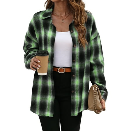Fantaslook Plaid Flannel Shirts for Women Oversized Long Sleeve Button Down Shirts Blouses Tops XL