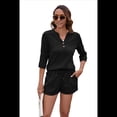 thumbnail image 2 of Conjunto de Camiseta Holgada de Corta con Cuello en V y Pantalones Cortos con Bolsillo para Mujer, Color Liso, Negro, Talla XL, 2 of 6