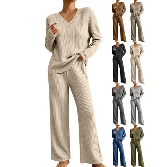 Xaqiouau Womens 2 Piece Sweater Sets V Neck Long Sleeve Ribbed Knit Top Wide Leg Pants Matching Lounge Outfits Casual Loungewear Fall Winter