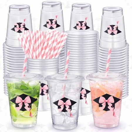 Sliner 50 Pcs 16 oz Pink Bow Graduation Cap Cups Bulk Graduate Coquette Bow Disposable Plastic Cups with Straw Class of 2026 Senior Graduation Party Decorations Congrats Grad Prom Party Supplies