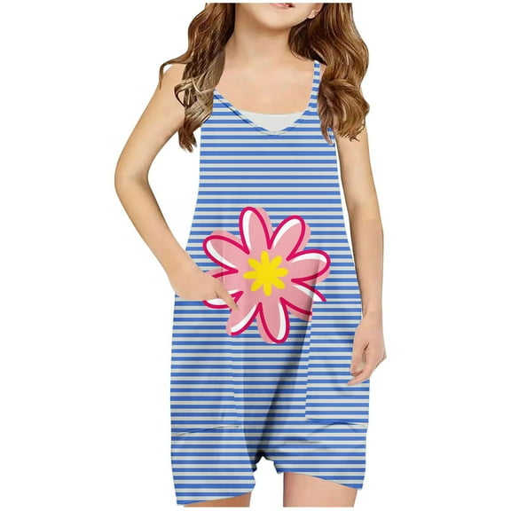 Odeerbi 5-13 Years Kids Girls Summer Jumpsuit Striped Flower Print Camisole Romper Casual Breathable Comfortable Suspender Overalls Bib Overall Shorts with Pockets