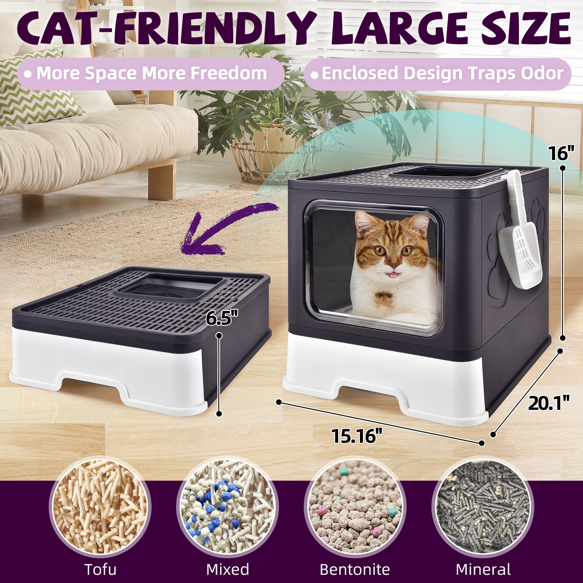 Upgraded Foldable Cat Litter Box with Lid with Adjustable Door Design, Extra Large Covered Litter Box with Cat Litter Scoop, Drawer Type Enclosed Kitty Litter Box Easy Cleaning and Scoop, Purple