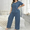 thumbnail image 4 of UNITWRY Pajamas Set for Women 2 Piece PJ Sets Plus Size V-Neck Solid Color Short Sleeve Loungewear Top with Wide Legs Long Pants for Summer Sleepwear Causal Home Clothes Sleep Nightwear Outfits, 4 of 4