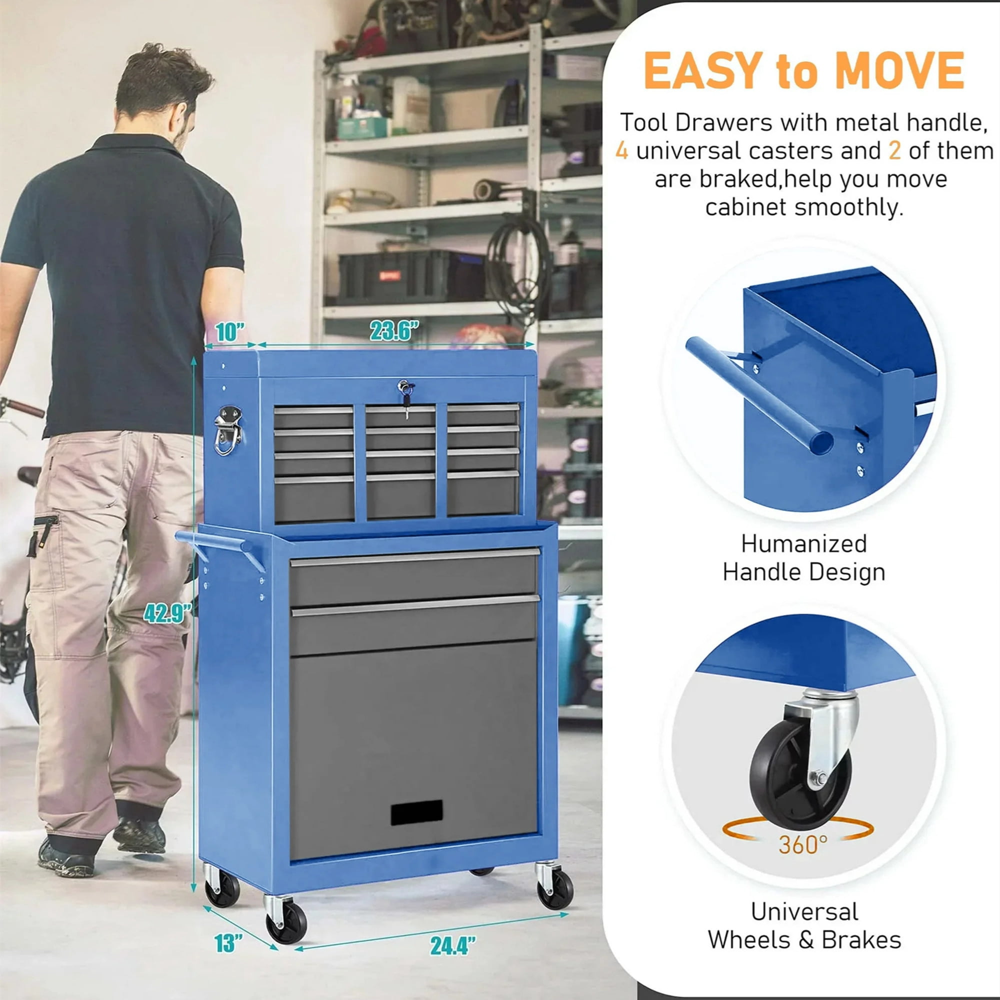 Aukfa Tool Chest, 2 in 1 Steel Rolling Tool Box & Cabinet On Wheels for Garage, 8-Drawer, Blue Gray
