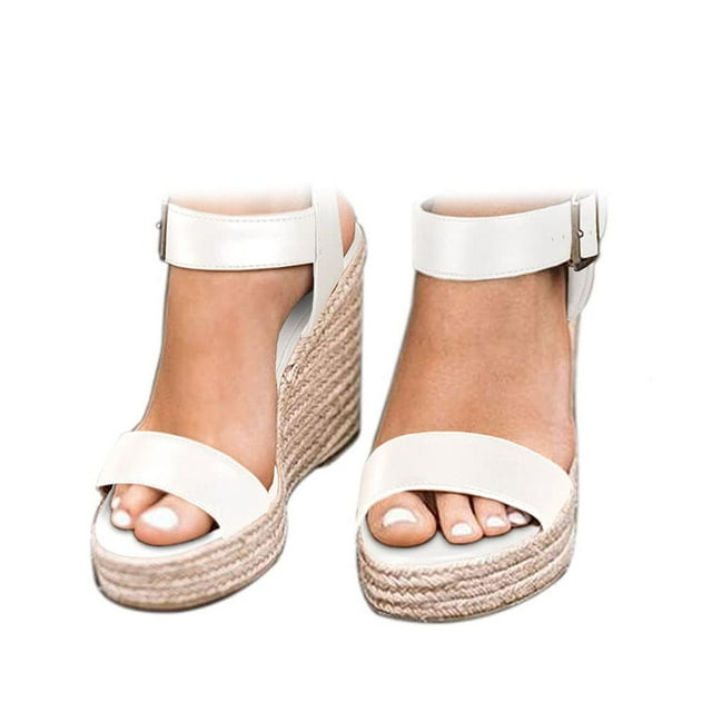 VICKIVICKI Sandalias de plataforma para mujer con cuña y correa en el tobillo, sandalias con punta abierta, color blanco, marfil, talla 6,5