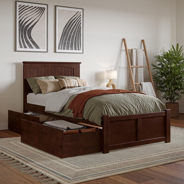 Nantucket Lit Plateforme en Bois Simple TG avec Pied de Lit et Tiroirs de Rangement en Noyer