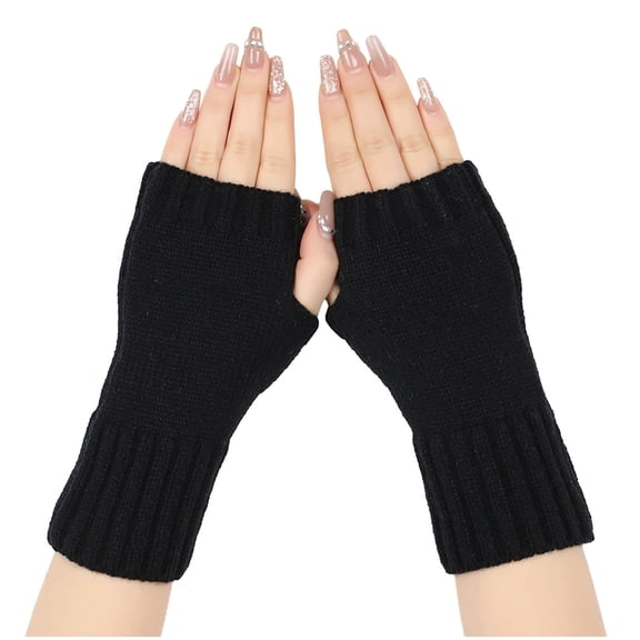 Xfvqtps Fingerless Gloves for Womens Thumb Hole Medium Length Arm Warmer Knitting Crochet Solid Color Fashion Thermal Warm Winter Mittens Black