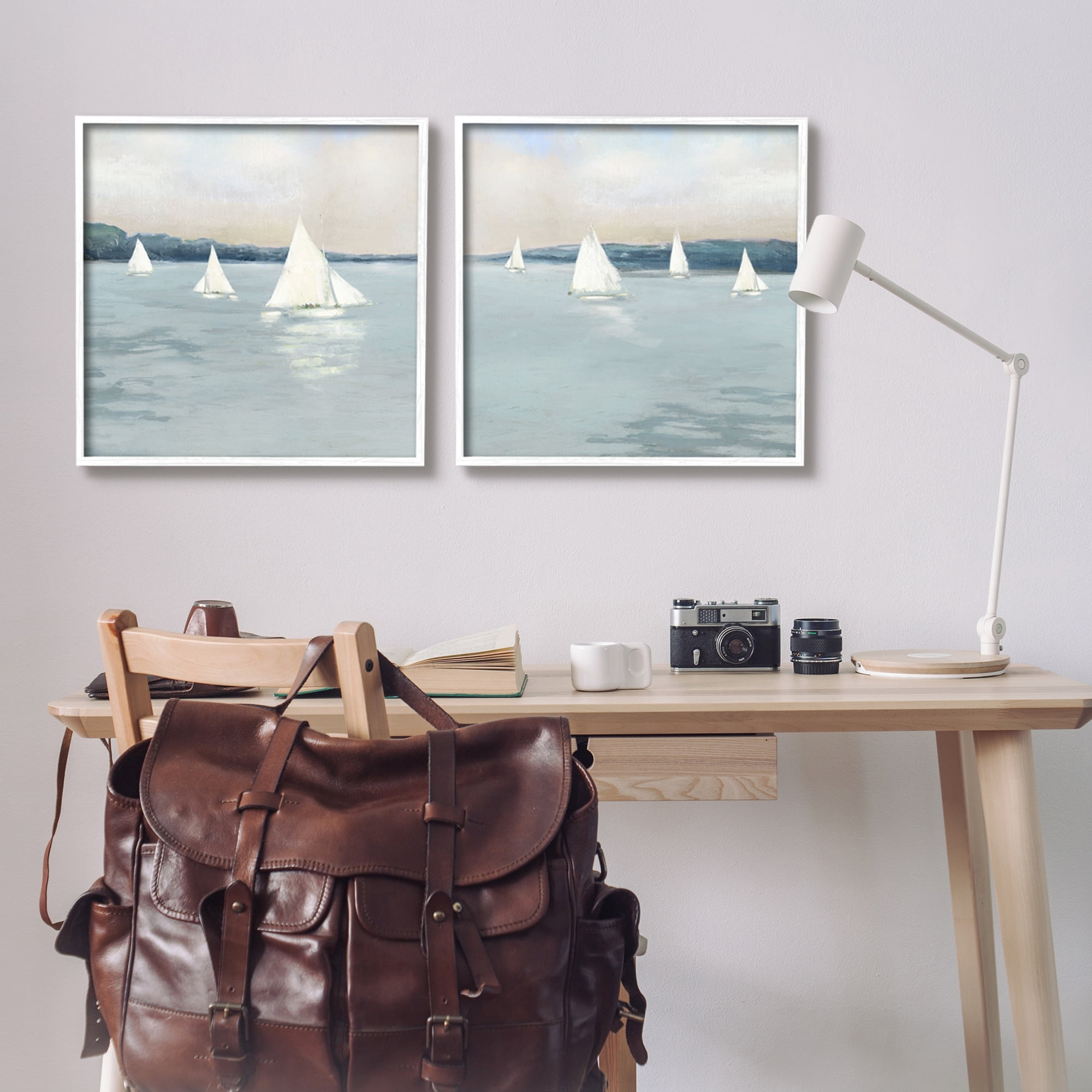 Stupell Industries Sailboats Grey Nautical Ocean View Coastal Painting White Framed Art Print Wall Art, Set of 2