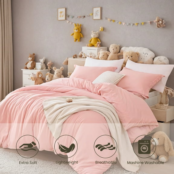 Three-Piece Bedding Set with Solid Color Quilt Cover and Pillowcase - Super Soft Microfiber Hotel Series - Machine Washable Cute Pink Set