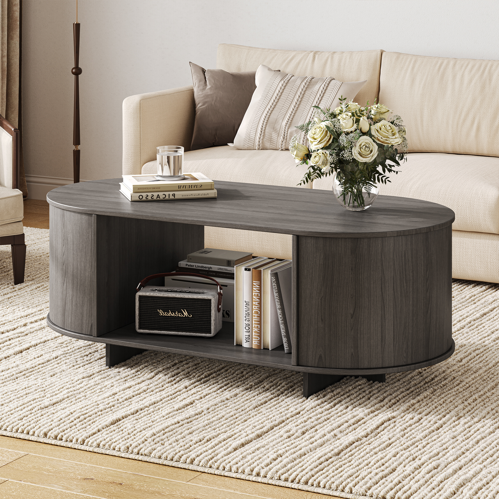 41.3" Oval Coffee Table with Lower Storage Shelf, Modern Accent Table for Living Room & Bedroom