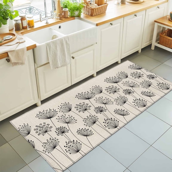 Hallway Runner Rug 2'x6', Farmhouse Dandelion Kitchen Runner Rugs Non-Slip Carpet Mats, Spring Modern Country Flower Black Beige Bedside Rugs Runners Washable Floor Carpet for Bathroom Laundry Room