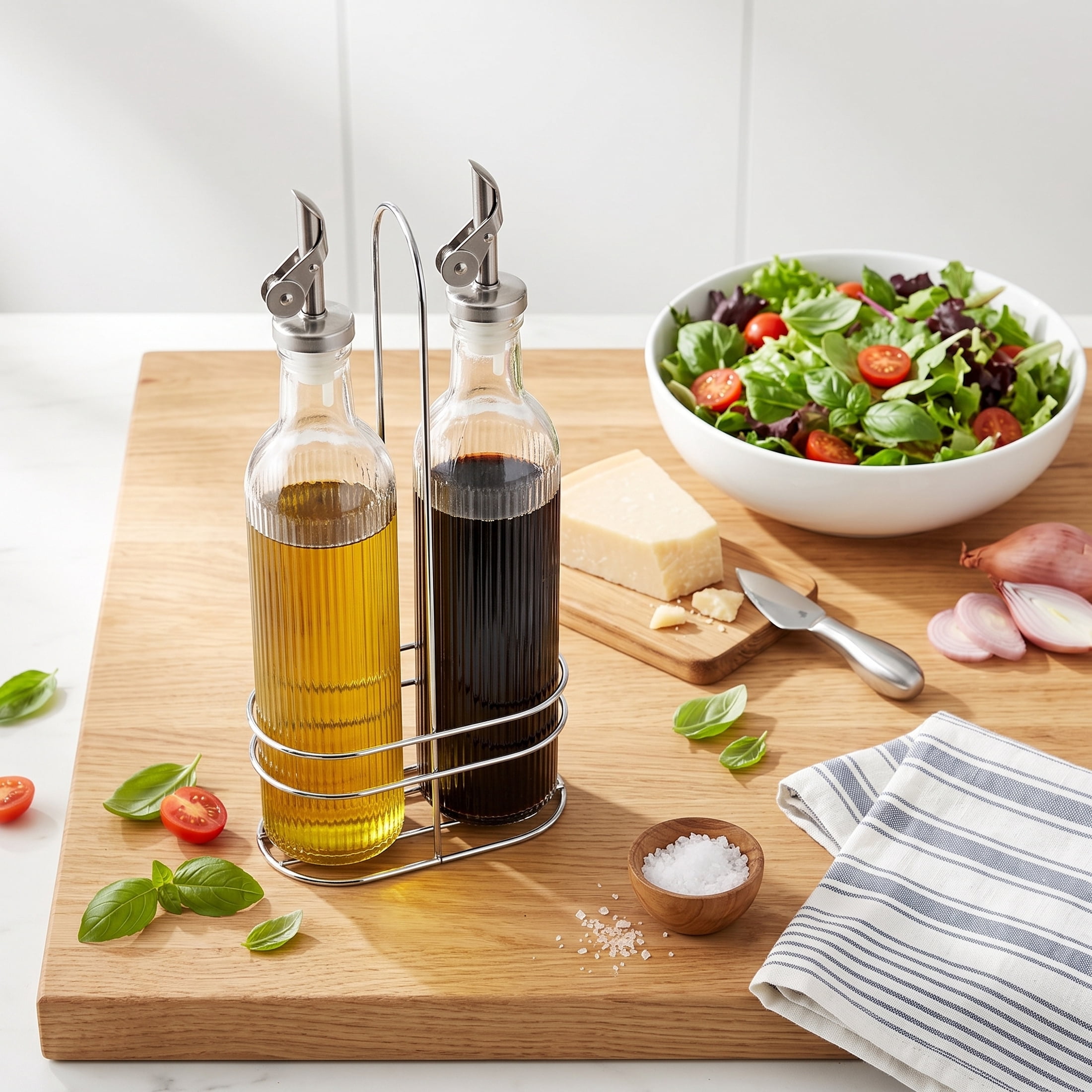 Cook with Color Drip-Free Glass Oil & Vinegar Dispenser Set with Storage Rack